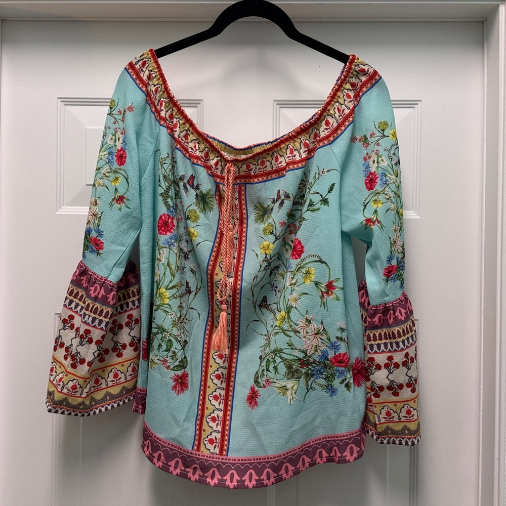 Umgee Light Aqua Floral Peasant Blouse with Pink & Coral Trim